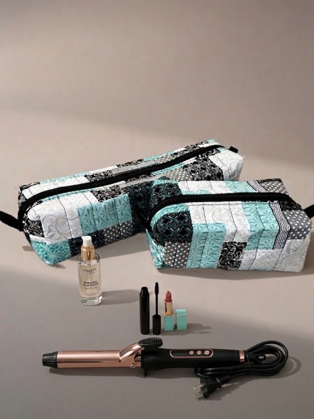 Handmade Quilted Cotton Bag Set – Cosmetic & Hair Tool Bags